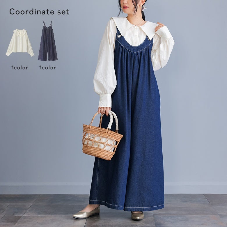 セーラーカラーブラウス×ワイドデニムサロペットコーデ2点SET