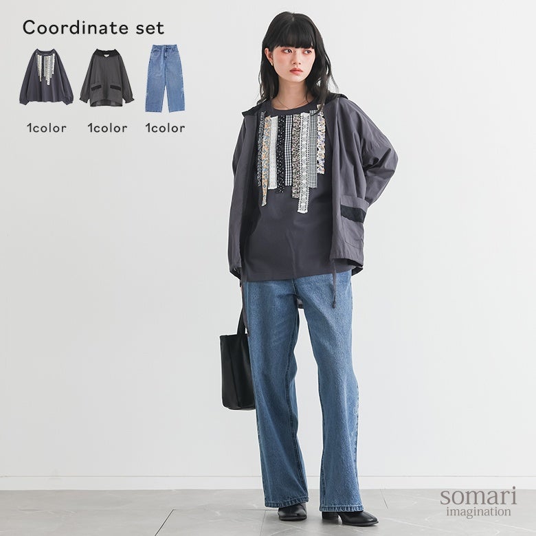 プリントテープデザインカットソー×コットンレースフードパーカー×花柄モチーフストレートデニムパンツコーデ3点SET