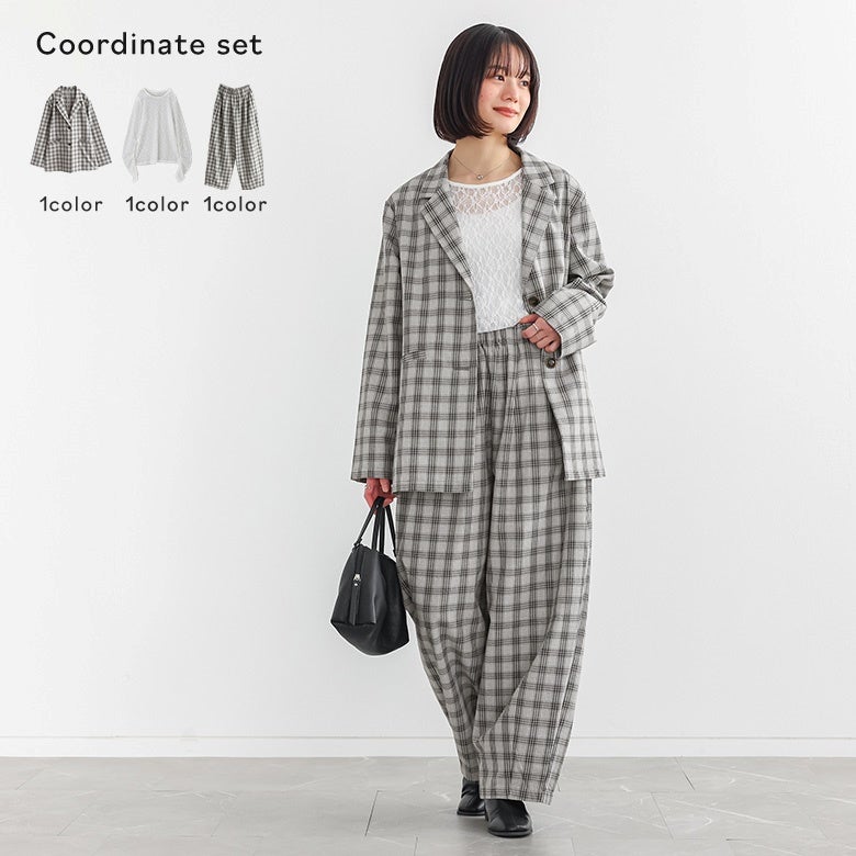 3タックチェックコクーンパンツ×シングルチェックテーラードジャケット×袖ギャザーレースカットトップスコーデ3点SET