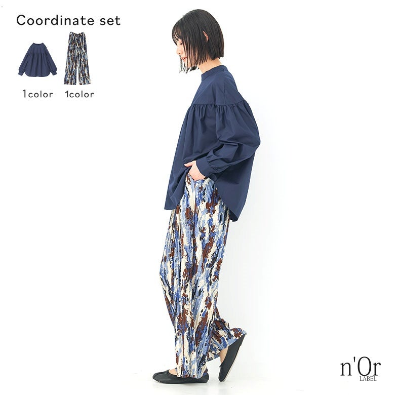 ギャザープルオーバーブラウス×セルフカットプリーツパンツコーデ2点SET