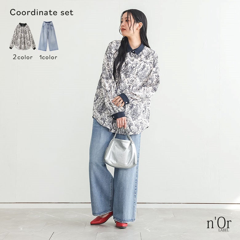 トワルドジュイ柄シャツ×タックデニムパンツコーデ2点SET