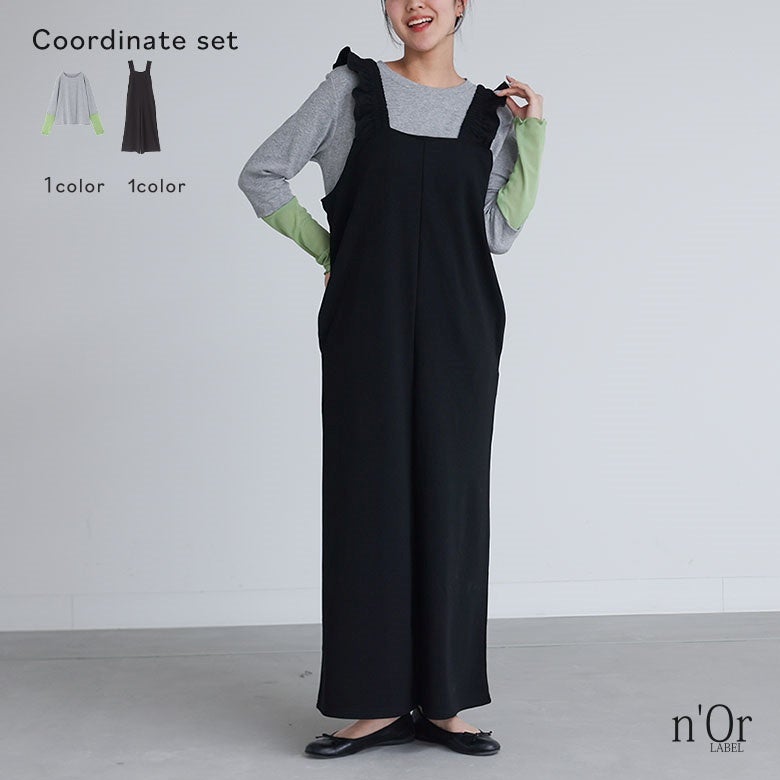 袖シアー切替カットソー×肩フリルサロペットコーデ2点SET