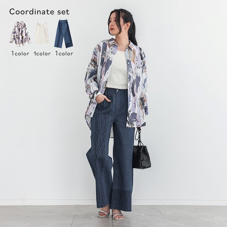 水彩プリントシャツ×リブタンクトップ×柄配色切替デニムパンツコーデ3点SET