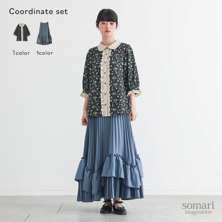 花柄配色ブラウス×ティアードプリーツスカートコーデ2点SET