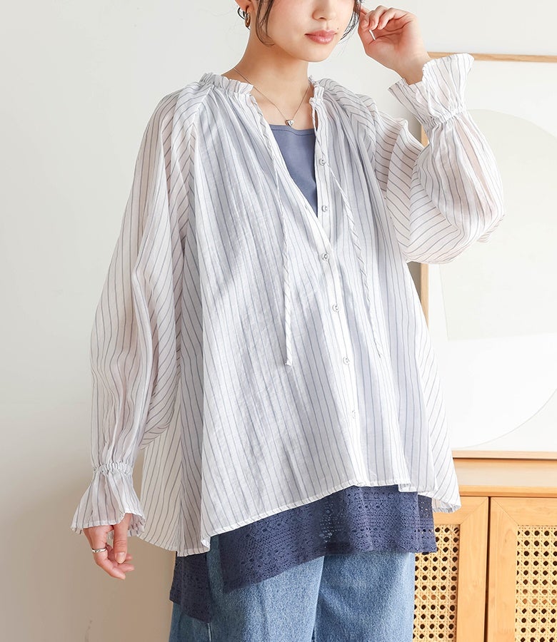 BED&amp;BREAKFAST シアーストライプクレープギャザーブラウス trim_fce_item6690aba559b6f.jpg