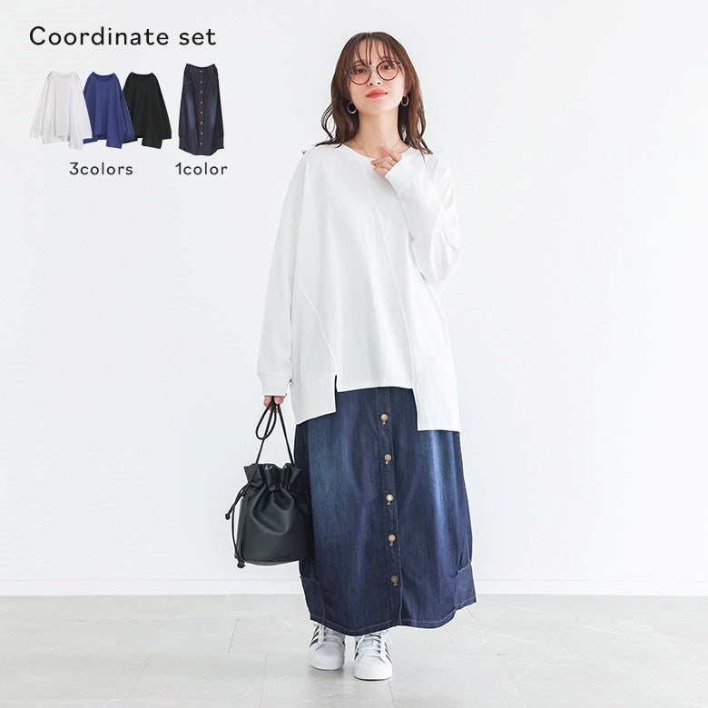 アシメ切替ランダムヘムカットソー×ひんやり冷感デニムコクーンスカートコーデ2点SET