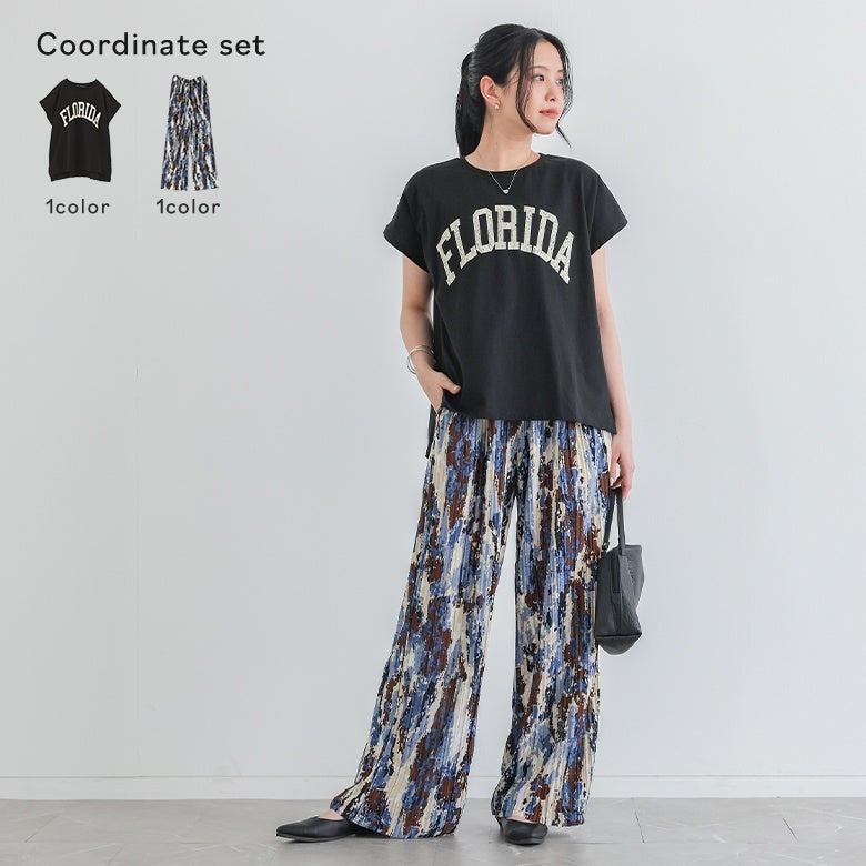 ドルマンビッグロゴTシャツ×セルフカットプリーツパンツコーデ2点SET