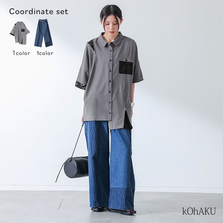 シアー切替ファスナーシャツ×柄配色切替デニムパンツコーデ2点SET