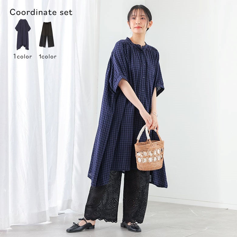 裾スカラップレースペチパンツ×ギンガムチェック5分袖ワンピースコーデ2点SET