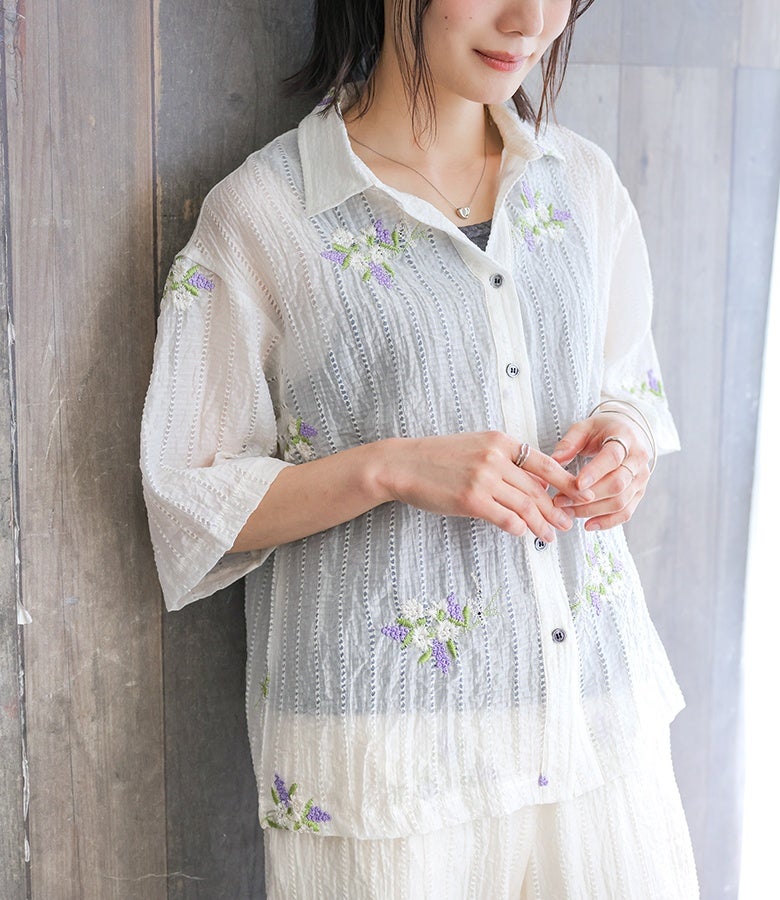 USED 古着 グリーン お花 刺繍 半袖 シアー ロング ブラウス 花柄刺繍シアーブラウス』