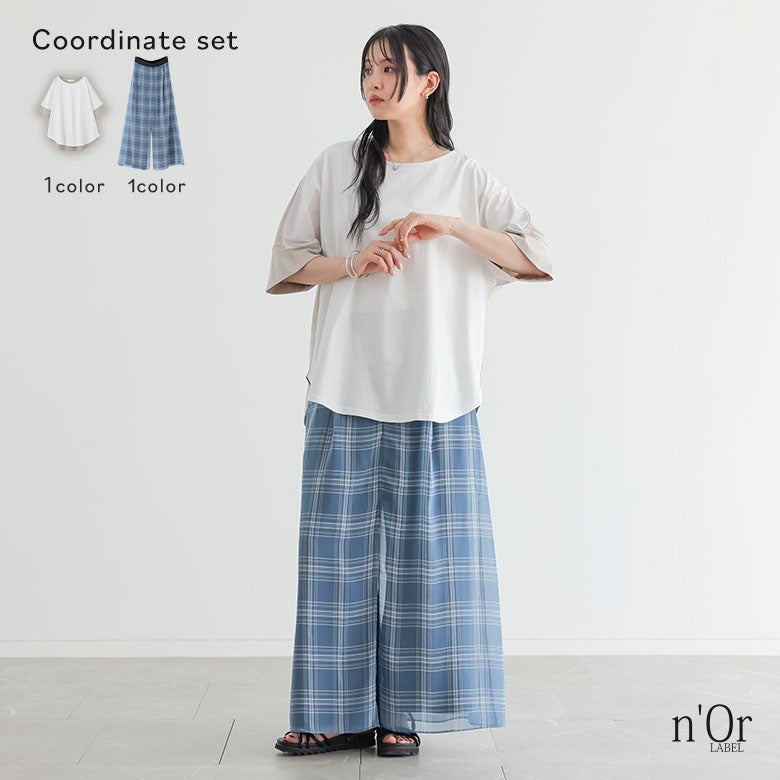 シアーチェックレイヤードパンツ×前後配色カットソーコーデ2点SET