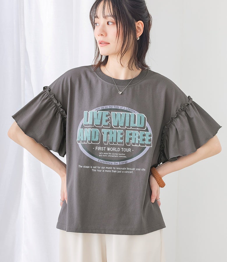 Aライン袖フリルプリントTシャツ』