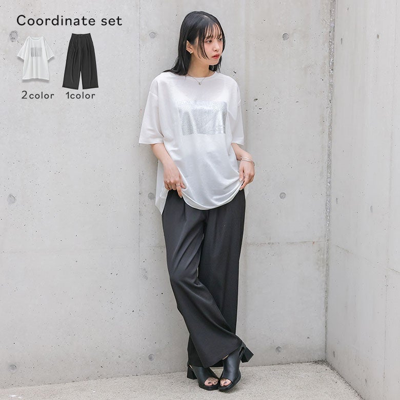箔かすれプリント接触冷感Tシャツ×カラースラックスパンツコーデ2点SET