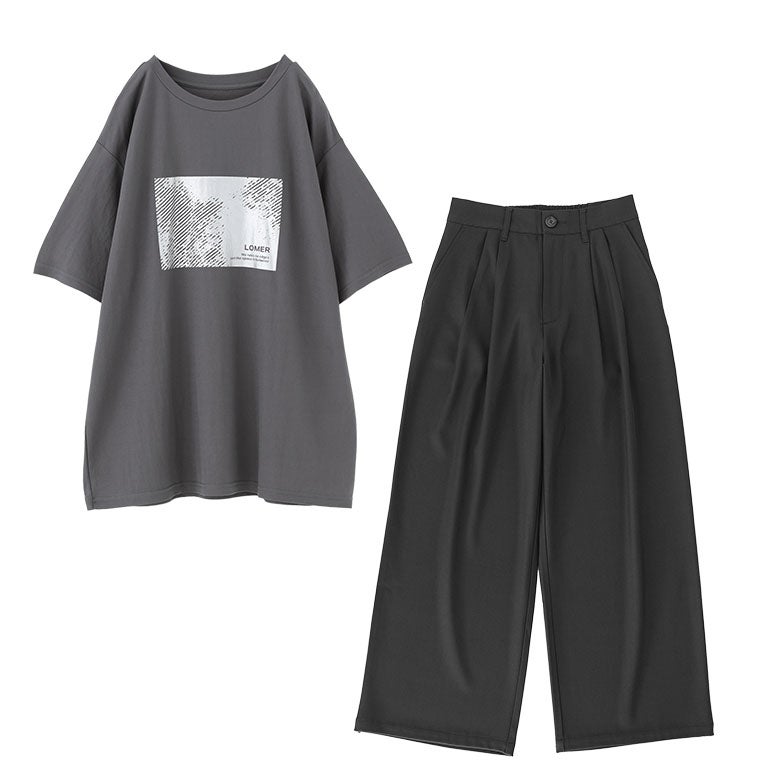 箔かすれプリント接触冷感Tシャツ×カラースラックスパンツコーデ2点SET』