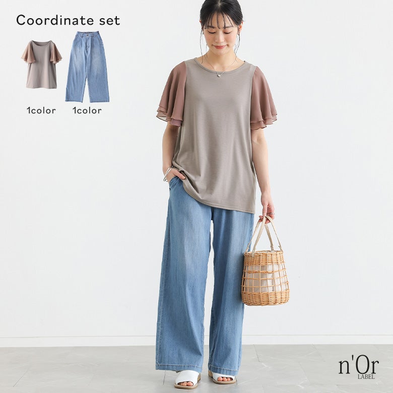 フレアスリーブデザインTシャツ×ひんやり冷感ワイドストレートデニムパンツコーデ2点SET