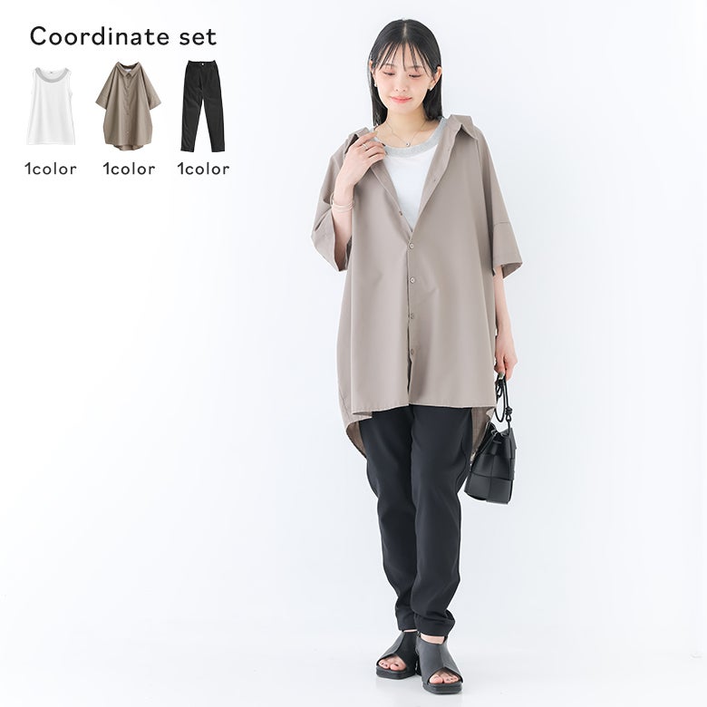ラメネックタンクトップ×NEWフレキシンボーイフレンドパンツ×洗練デザインロングシャツコーデ3点SET