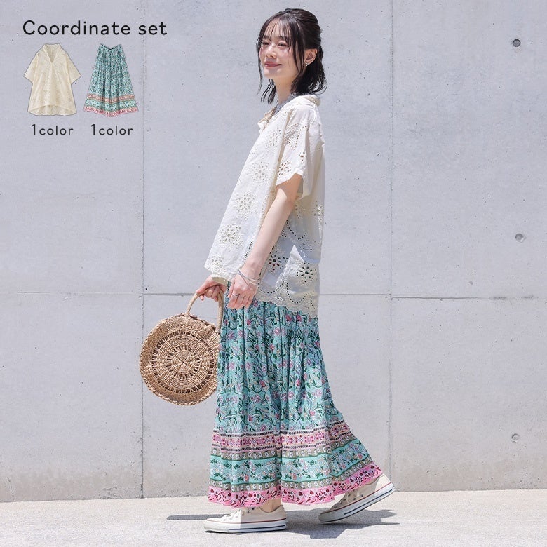 プリントギャザースカート×スカラップ刺繍ブラウスコーデ2点SET