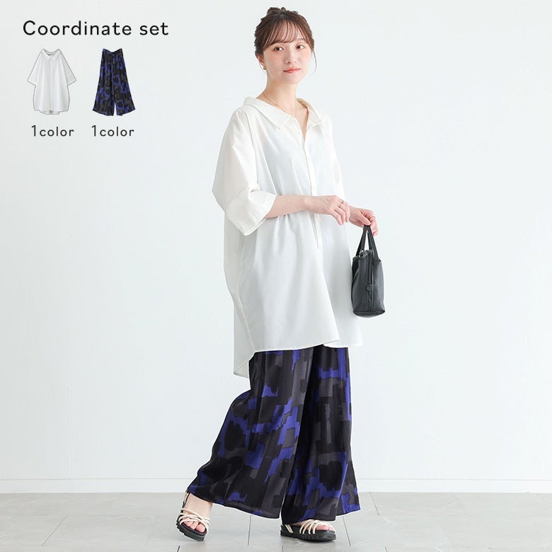 幾何学柄プリントワイドパンツ×洗練デザインロングシャツコーデ2点SET