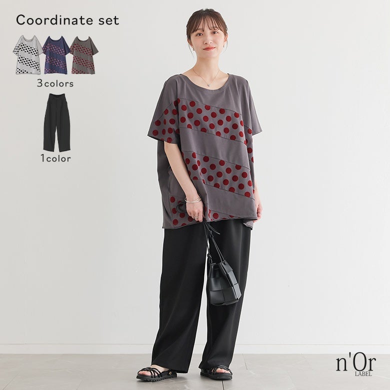 洗練フロッキードットTシャツ×カーブツイルパンツコーデ2点SET