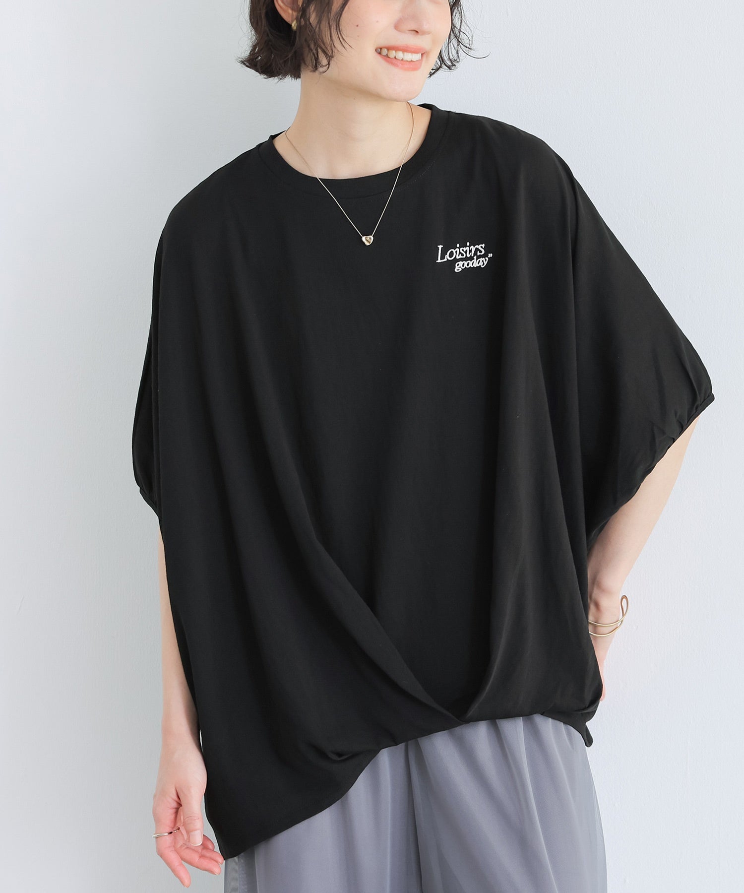異素材切替デザイン ドルマン半袖　　　 Fサイズ 黒。 異素材切替えドルマンTシャツ』