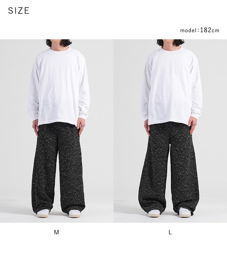 好みのシルエットや体型に合わせて選べるMとLの2サイズ展開。ウエストゴムと内蔵ドローコードによるストレスフリーなフィット感と、洗練された美しい落ち感が、どのサイズを選んでもスマートな装いを叶えます。
