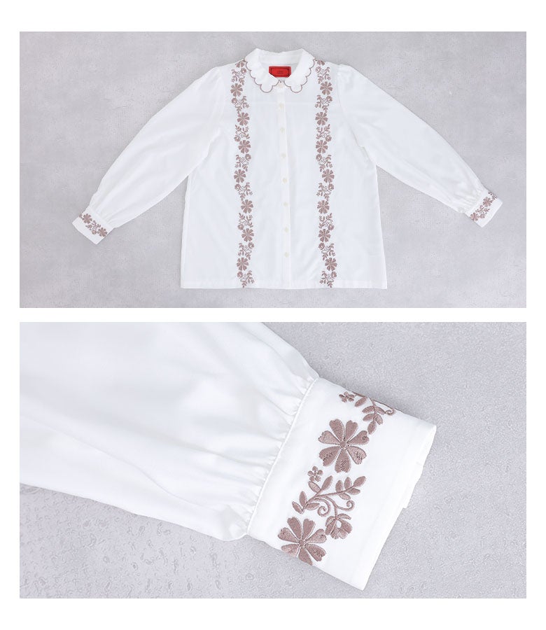 平置きで魅せるオフホワイトの配色花柄刺繍スカラップ襟ブラウス。フロントの縦ライン刺繍と袖口の繊細な刺しゅうデザインが映え、上品な装いを叶えるレディースロングスリーブトップスです。