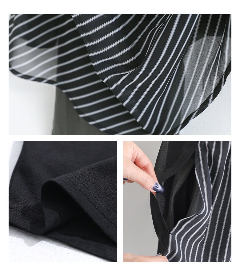 軽やかなストライプ柄シフォン生地と肌触りの良い綿100%カットソー生地のアップ。出し入れしやすいサイドポケットも備えており、ディテールまでこだわり抜かれた上質な仕立てと機能性を実感していただけます。