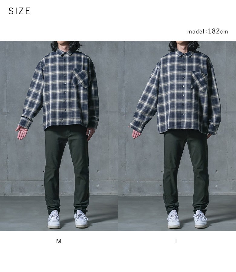 用シーンや好みのシルエットに合わせて選べるM・Lサイズ展開。着るだけでこなれたスタイルを叶える、チェック柄オーバーサイズ長袖シャツ。