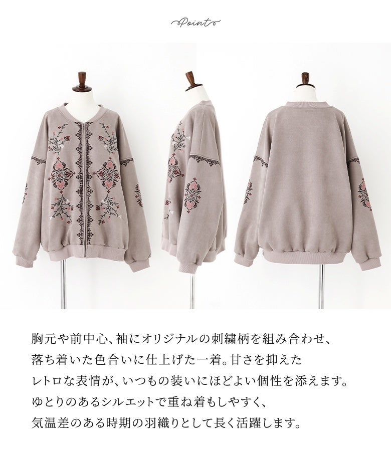 胸元や前中心、袖にオリジナルの刺繍柄を組み合わせ、落ち着いた色合いに仕上げた一着。甘さを抑えたレトロな表情がいつもの装いに程よい個性を添え、ゆとりのあるシルエットで重ね着もしやすく長く重宝します。