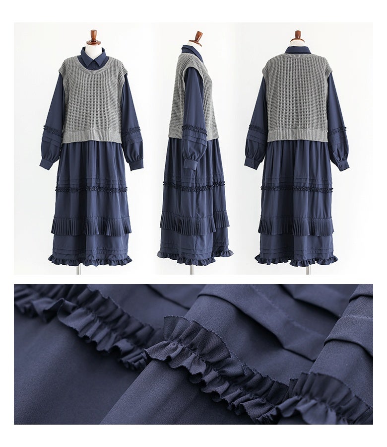 フロント・サイド・バックの全方向製品フォルム。袖口のギャザーや裾の繊細なプリーツあしらいが、どの角度から見てもクラシカルで華やかな佇まいを演出します。