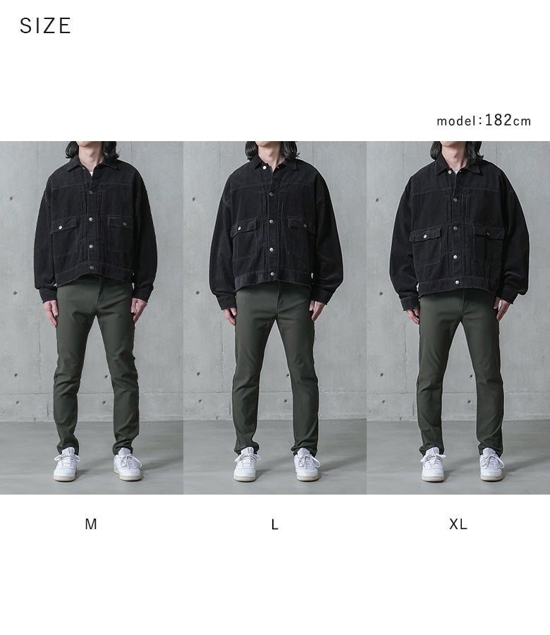 体型や好みの着こなしに合わせて選べるM・L・XLの3サイズ展開。サイズごとの身幅や着丈、肩落ち感のニュアンスを確認でき、理想のオーバーサイズスタイル作りに役立ちます。