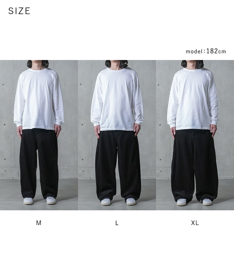 体型や好みのシルエットに合わせて選べるM・L・XLの3サイズ展開。サイズごとの身幅や太もも周り、丈感のニュアンスの違いを確認でき、ジャストなサイズ選びに役立ちます。