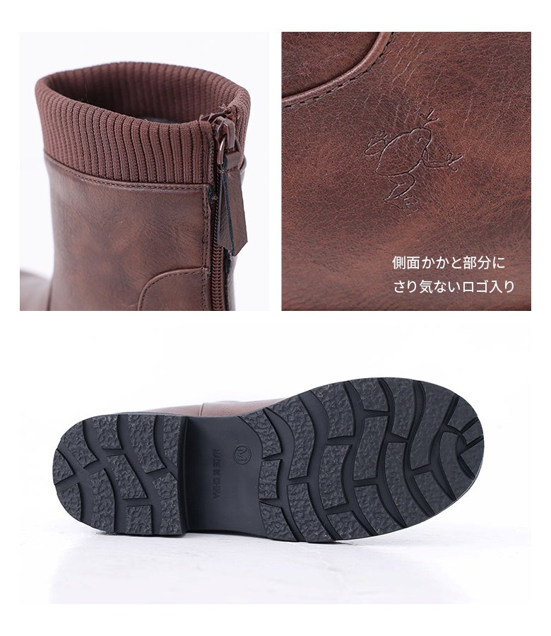 履き口の切り替えリブニット、側面のかかと部分に刻まれたさりげないロゴの刻印、滑りにくく凹凸のあるアウトソールを捉えたディテールカット。