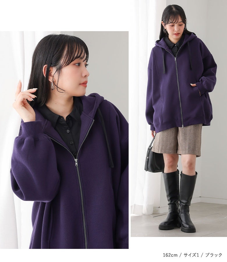 ブラックのシャツ襟起毛カットソーにパープルパーカー、チェック柄ショートパンツ、ロングブーツを合わせたトレンド感溢れる秋冬カジュアルコーデ。休日のおでかけや散策に最適です。