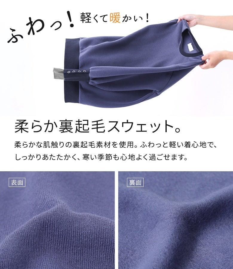 ふんわり柔らかな肌触りでしっかり暖かい、裏起毛スウェット生地の表面と裏面の拡大。軽い着心地と優れた防寒性を兼ね備え、秋冬のデイリー使いにぴったりの心地よい素材感です。
