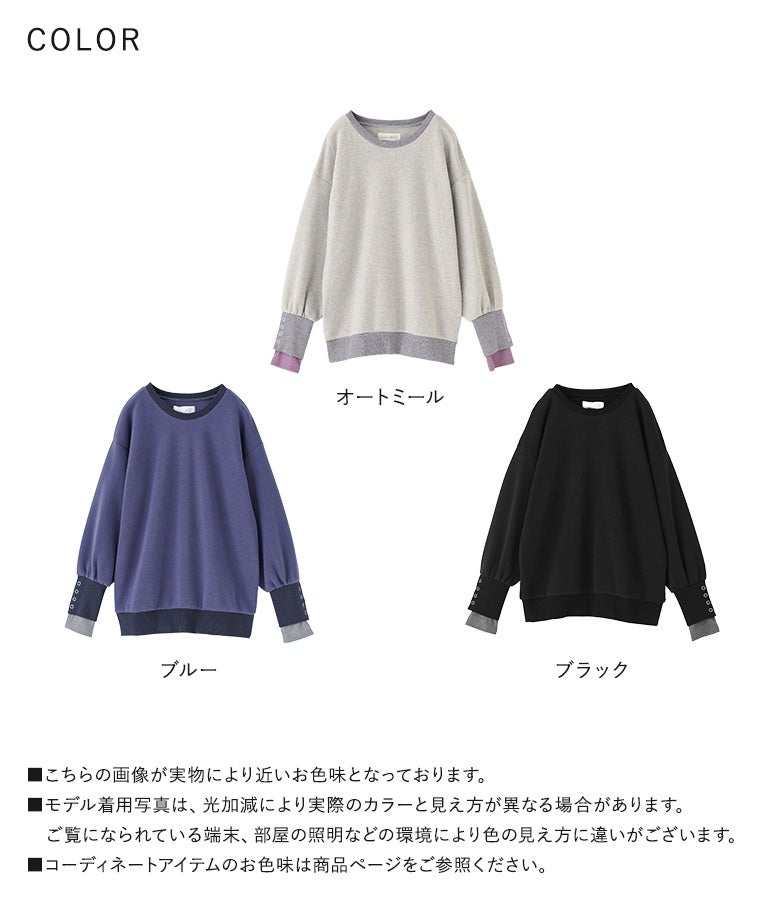 オートミール、ブルー、ブラックの全3色展開の袖配色裏起毛スウェット。どのカラーも個性あふれるリブ配色で、シンプルなボトムスに合わせるだけでサマになります。